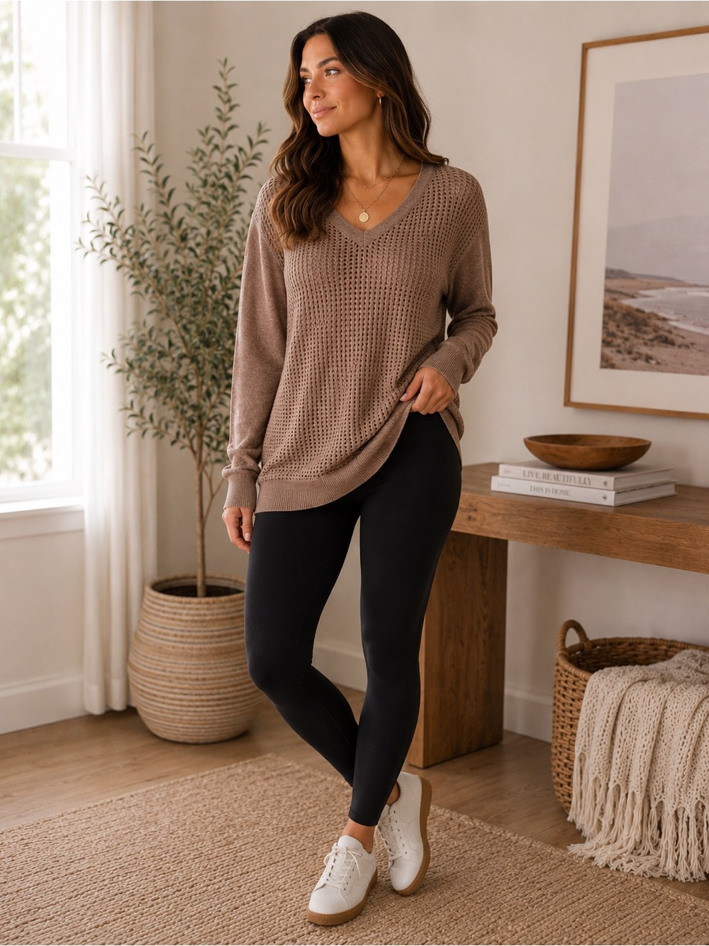 The Limited Taupe Open Knit V-Neck Sweater | Size Small